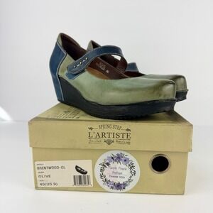 EUC L'Artiste 9/40 Brentwood Olive Green Blue Leather Wedge Mary Jane Shoes